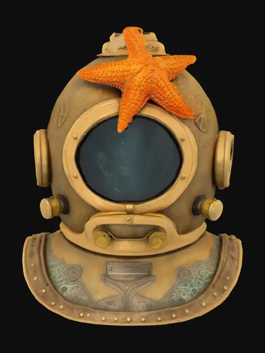 3D model for an ancient underwater diver's helmet with a realistic starfish on it, ultra realistic, highly detailed, #ocean#
