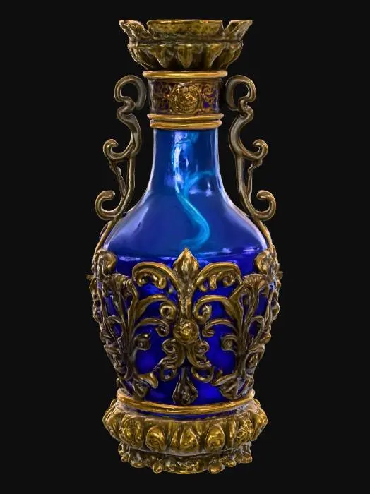 3D model for An ornate, ancient-looking vial containing a glowing and swirling indigo elixir