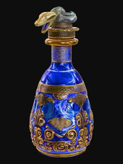 3D model for An ornate, ancient-looking vial containing a glowing and swirling indigo elixir