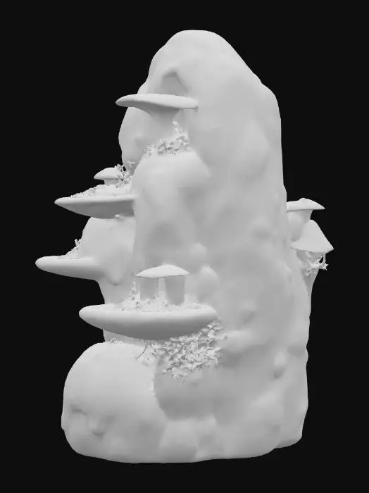 3D model for a beautiful enchanted mossy boulder with shelf mushrooms on it