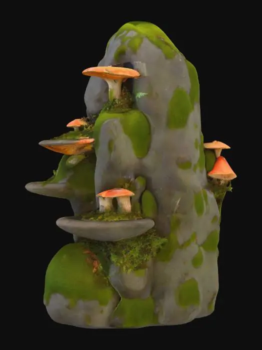 3D model for a beautiful enchanted mossy boulder with shelf mushrooms on it