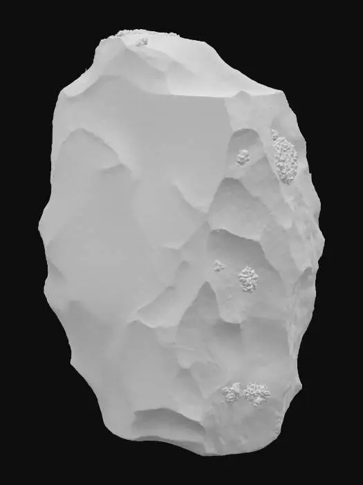 3D model for A formidable, irregularly shaped boulder of dark grey granite, its surface heavily textured with a mix of coarse rock and deep fissures. Thick, vibrant cushions of variegated mosses, ranging from deep olive green to rusty brown, cover significant portions, emphasizing its contours.