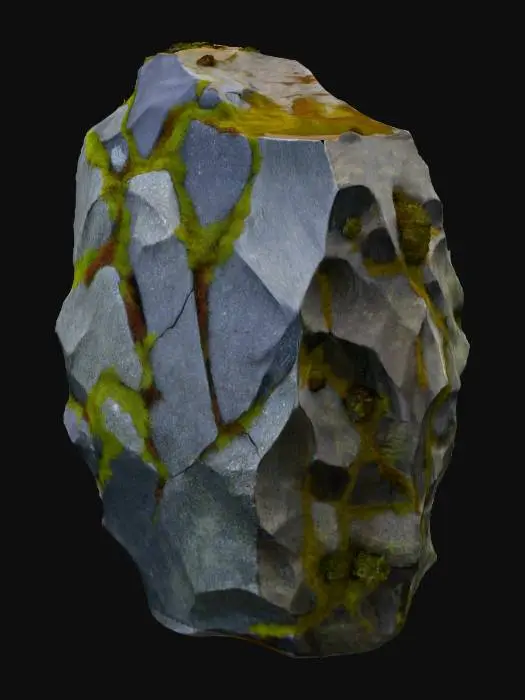 3D model for A formidable, irregularly shaped boulder of dark grey granite, its surface heavily textured with a mix of coarse rock and deep fissures. Thick, vibrant cushions of variegated mosses, ranging from deep olive green to rusty brown, cover significant portions, emphasizing its contours.