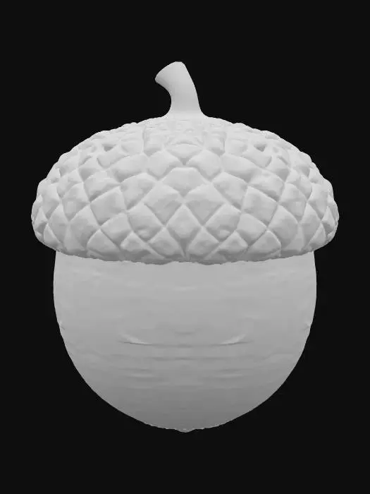 3D model for A classic acorn, plump and oval-shaped, encased in a smooth, glossy, dark reddish-brown shell that tapers to a small, pointed tip. Its rough, scaly cap, a lighter brown, snugly covers the top third, feeling dry and textured. The shell is hard and unyielding, while the cap feels brittle and slightly rough to the touch. This robust, perfectly formed seed embodies a simple, earthy charm.
