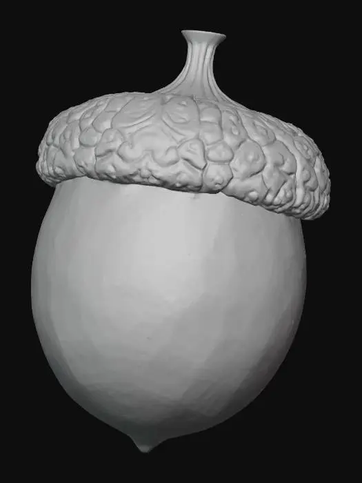 3D model for A classic acorn, plump and oval-shaped, encased in a smooth, glossy, dark reddish-brown shell that tapers to a small, pointed tip. Its rough, scaly cap, a lighter brown, snugly covers the top third, feeling dry and textured. The shell is hard and unyielding, while the cap feels brittle and slightly rough to the touch. This robust, perfectly formed seed embodies a simple, earthy charm.