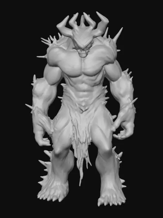 3D model for A monstrous forest guardian, whose hulking form is composed of interwoven, ancient tree bark, gnarled roots, and dense, dark green moss that glows faintly with an internal emerald light. Sharp, jagged obsidian spikes protrude from his shoulders and elbows, and his eyes are deep, smoldering embers, creating a powerful, earthy, and primal intimidation., #villain#