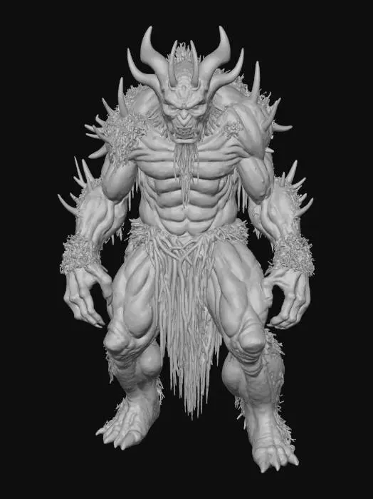 3D model for A monstrous forest guardian, whose hulking form is composed of interwoven, ancient tree bark, gnarled roots, and dense, dark green moss that glows faintly with an internal emerald light. Sharp, jagged obsidian spikes protrude from his shoulders and elbows, and his eyes are deep, smoldering embers, creating a powerful, earthy, and primal intimidation., #villain#