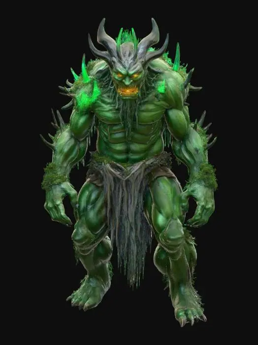 3D model for A monstrous forest guardian, whose hulking form is composed of interwoven, ancient tree bark, gnarled roots, and dense, dark green moss that glows faintly with an internal emerald light. Sharp, jagged obsidian spikes protrude from his shoulders and elbows, and his eyes are deep, smoldering embers, creating a powerful, earthy, and primal intimidation., #villain#
