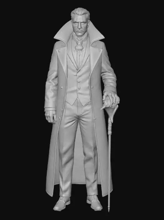3D model for A decadent vampire lord, clad in a richly embroidered, floor-length coat of deep burgundy velvet with a high, sharp collar. Beneath, his pale, aristocratic features are sharp and severe, with piercing, cold grey eyes and subtly elongated fangs. He carries a silver-headed cane with a carved raven, exuding an air of ancient, elegant menace and predatory grace., #villain#