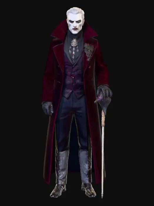 3D model for A decadent vampire lord, clad in a richly embroidered, floor-length coat of deep burgundy velvet with a high, sharp collar. Beneath, his pale, aristocratic features are sharp and severe, with piercing, cold grey eyes and subtly elongated fangs. He carries a silver-headed cane with a carved raven, exuding an air of ancient, elegant menace and predatory grace., #villain#