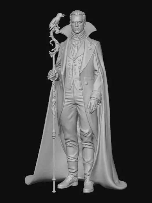 3D model for A decadent vampire lord, clad in a richly embroidered, floor-length coat of deep burgundy velvet with a high, sharp collar. Beneath, his pale, aristocratic features are sharp and severe, with piercing, cold grey eyes and subtly elongated fangs. He carries a silver-headed cane with a carved raven, exuding an air of ancient, elegant menace and predatory grace., #villain#