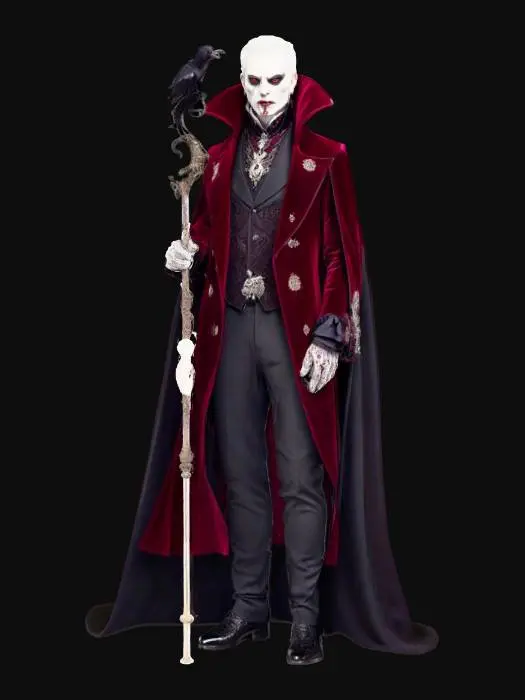 3D model for A decadent vampire lord, clad in a richly embroidered, floor-length coat of deep burgundy velvet with a high, sharp collar. Beneath, his pale, aristocratic features are sharp and severe, with piercing, cold grey eyes and subtly elongated fangs. He carries a silver-headed cane with a carved raven, exuding an air of ancient, elegant menace and predatory grace., #villain#