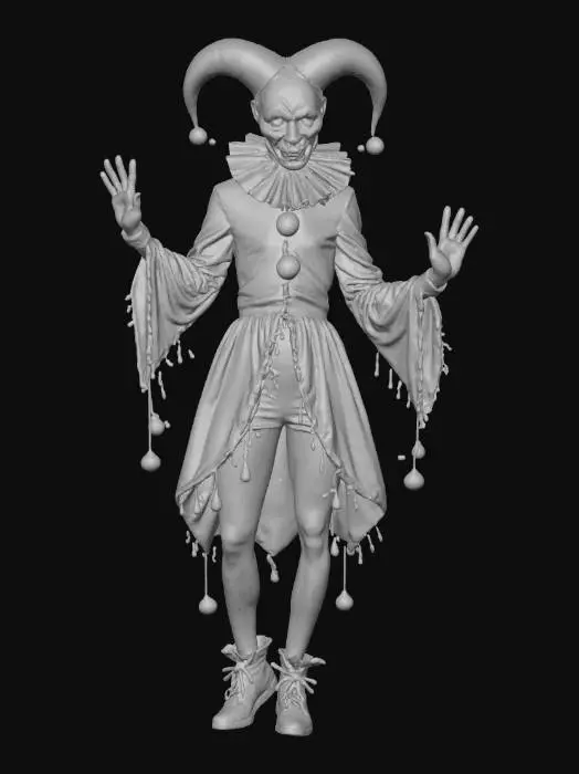 3D model for A chaotic jester villain, whose slender, agile body is adorned with a patchwork costume of mismatched, brightly colored fabrics—vibrant reds, shocking yellows, and deep blues—stitched together with visible, uneven seams. His mask is a grotesque, perpetually grinning porcelain face, cracked and unsettling. Bell-tipped appendages jingle with his movements. The fabrics feel coarse and varied, the porcelain smooth but fragile, creating an unsettling mix of playfulness and underlying madness., #villain#