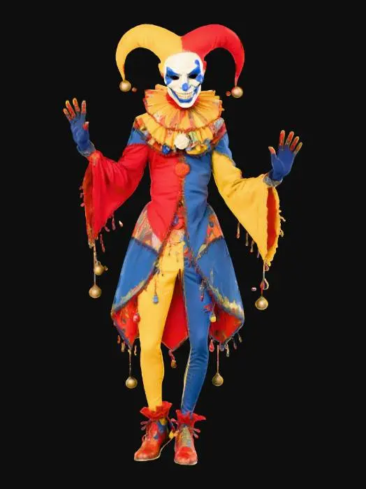 3D model for A chaotic jester villain, whose slender, agile body is adorned with a patchwork costume of mismatched, brightly colored fabrics—vibrant reds, shocking yellows, and deep blues—stitched together with visible, uneven seams. His mask is a grotesque, perpetually grinning porcelain face, cracked and unsettling. Bell-tipped appendages jingle with his movements. The fabrics feel coarse and varied, the porcelain smooth but fragile, creating an unsettling mix of playfulness and underlying madness., #villain#