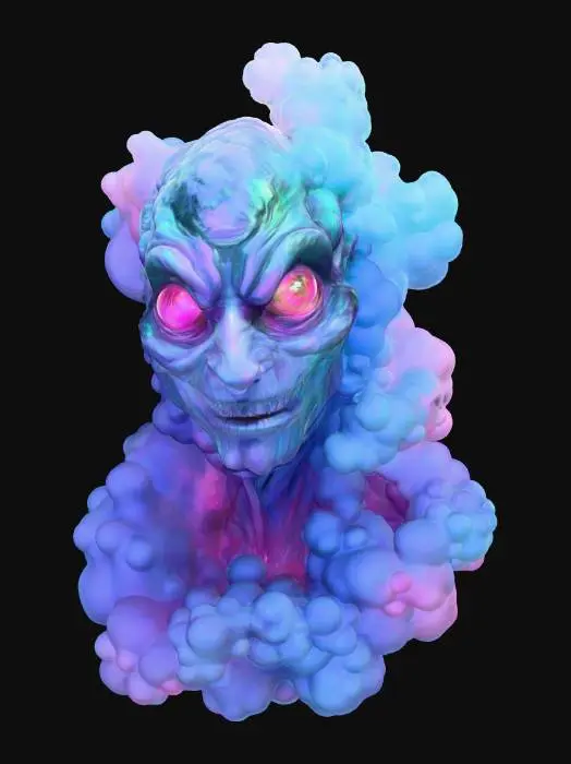 3D model for A cunning villain whose body is a swirling, amorphous mass of iridescent, shifting smoke and forgotten memories, constantly reforming into a humanoid shape. Its eyes are like distant, shimmering nebulae of greens and pinks, hinting at vast, stolen experiences. The form is fluid and intangible, yet dense, feeling like a cool, fleeting breeze. Its expression is a fleeting, unsettling smirk., #villain#