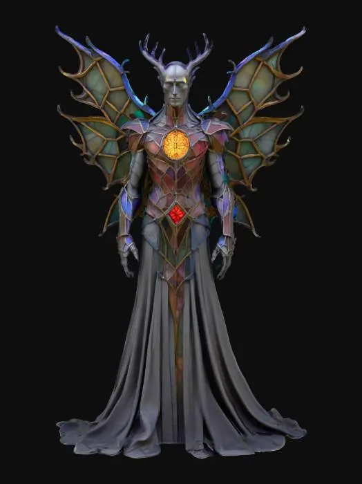 3D model for A towering biped character formed from stained-glass buttresses and lead came, with ribbed vaults for shoulders and a rose-window sternum. Colored shards bevel outward like pauldrons; a lattice of lead “veins” flexes when the chest expands, and internal emissive “sun” shards glow through the panes, #villain#