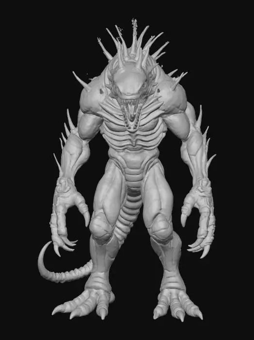 3D model for A terrifying creature, a hulking, asymmetrical beast with a segmented body of dark, iridescent chitin, glistening with a slick, almost oily sheen. Multiple barbed limbs terminate in razor-sharp claws, and its head is dominated by a gaping, tooth-filled maw that pulses with a sickly yellow internal light. Its entire surface is hard and rigid, yet subtly flexible, feeling cold and strangely damp, exuding a palpable aura of predatory hunger., #villain#