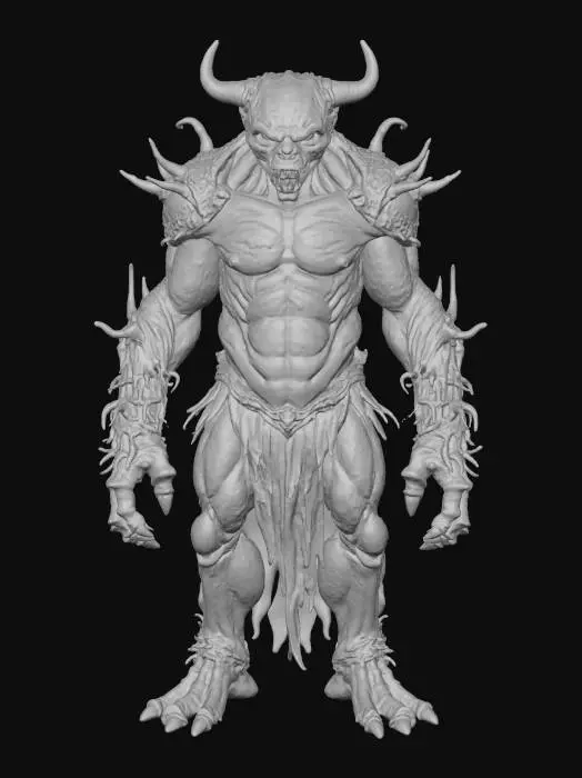 3D model for A grotesque villain with a hulking, asymmetrical physique formed from fused organic matter—dark, gnarled wood, rough, scarred flesh, and glistening chitinous plates. One arm is a massive, thorny vine, the other a claw of hardened bone. Its face is a distorted mask of pain, with one glowing green eye. The textures vary wildly, from rough bark to smooth chitin and soft flesh, feeling both firm and strangely yielding., #villain#
