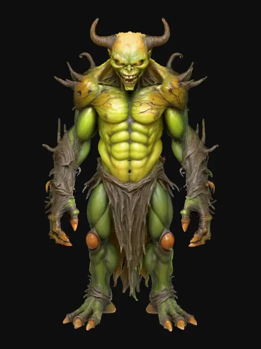 3D model for A grotesque villain with a hulking, asymmetrical physique formed from fused organic matter—dark, gnarled wood, rough, scarred flesh, and glistening chitinous plates. One arm is a massive, thorny vine, the other a claw of hardened bone. Its face is a distorted mask of pain, with one glowing green eye. The textures vary wildly, from rough bark to smooth chitin and soft flesh, feeling both firm and strangely yielding., #villain#