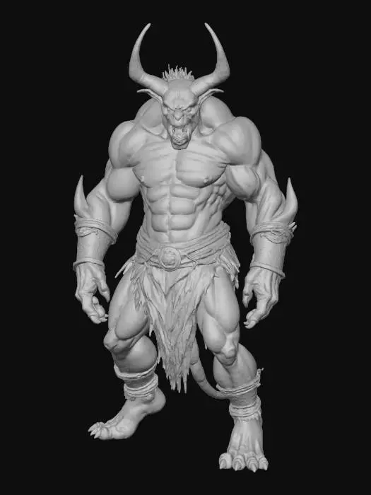 3D model for A terrifying Oni demon, towering and muscular, with rough, crimson-red skin and sharp, ivory fangs protruding from a snarling mouth. Its broad face features two menacing golden horns spiraling upwards and piercing, yellow eyes under heavy brows. It wears tattered loincloths of dark animal hide and heavy iron bracers, feeling hard and unyielding. Its posture is aggressively broad-shouldered and hunched, conveying immense, brutal strength and fury., #villain#