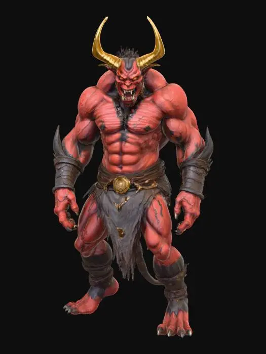3D model for A terrifying Oni demon, towering and muscular, with rough, crimson-red skin and sharp, ivory fangs protruding from a snarling mouth. Its broad face features two menacing golden horns spiraling upwards and piercing, yellow eyes under heavy brows. It wears tattered loincloths of dark animal hide and heavy iron bracers, feeling hard and unyielding. Its posture is aggressively broad-shouldered and hunched, conveying immense, brutal strength and fury., #villain#