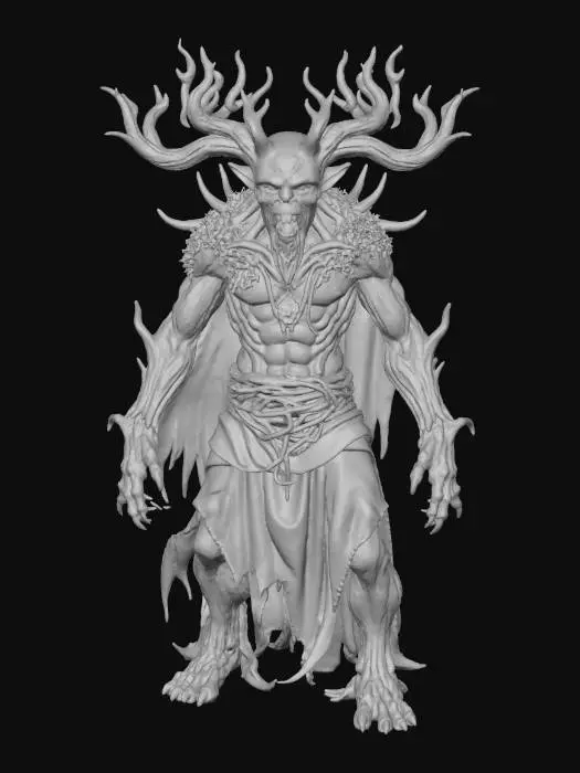 3D model for A formidable Yōkai sorcerer, appearing as an ancient, gnarled humanoid figure with skin resembling petrified, dark wood, deeply fissured and covered in patches of glowing emerald moss. Its limbs are twisted like ancient roots, ending in sharp, clawed fingers. Its face is a silent, snarling mask of fused wood and jagged splinters, with eyes like deep, smoldering embers. The bark feels intensely coarse and unyielding, the moss soft and damp, conveying primal, vengeful power., #villain#