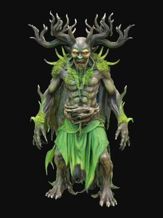 3D model for A formidable Yōkai sorcerer, appearing as an ancient, gnarled humanoid figure with skin resembling petrified, dark wood, deeply fissured and covered in patches of glowing emerald moss. Its limbs are twisted like ancient roots, ending in sharp, clawed fingers. Its face is a silent, snarling mask of fused wood and jagged splinters, with eyes like deep, smoldering embers. The bark feels intensely coarse and unyielding, the moss soft and damp, conveying primal, vengeful power., #villain#