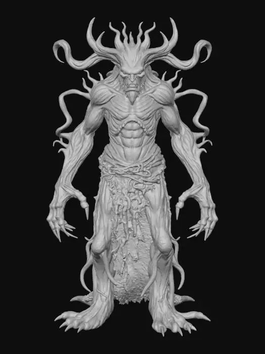 3D model for A formidable Yōkai sorcerer, appearing as an ancient, gnarled humanoid figure with skin resembling petrified, dark wood, deeply fissured and covered in patches of glowing emerald moss. Its limbs are twisted like ancient roots, ending in sharp, clawed fingers. Its face is a silent, snarling mask of fused wood and jagged splinters, with eyes like deep, smoldering embers. The bark feels intensely coarse and unyielding, the moss soft and damp, conveying primal, vengeful power., #villain#