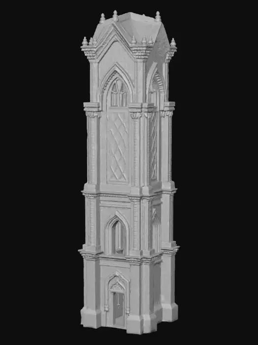 3D model for a stylized brick tower with a stained glass panel near the top