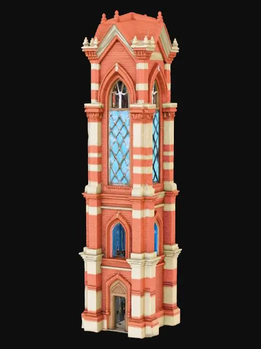 3D model for a stylized brick tower with a stained glass panel near the top