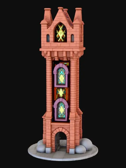 3D model for a stylized brick tower with a stained glass panel near the top