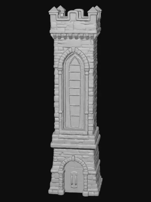 3D model for a stylized brick tower with a stained glass panel near the top