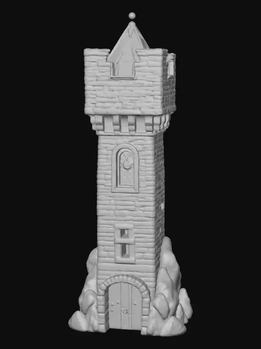 3D model for a stylized brick tower with a stained glass panel near the top