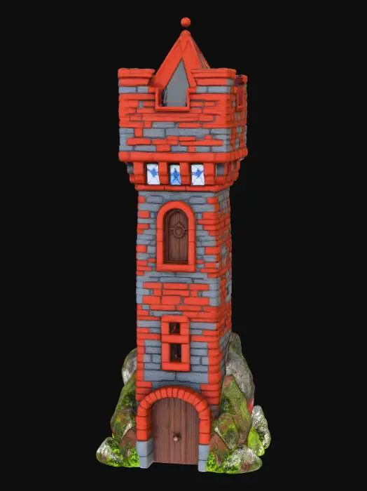 3D model for a stylized brick tower with a stained glass panel near the top