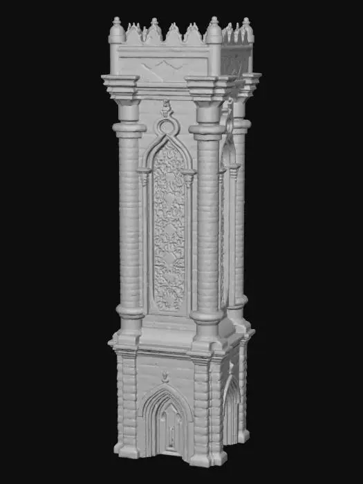 3D model for a stylized brick tower with a stained glass panel near the top