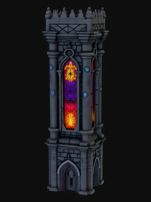 3D model for a stylized brick tower with a stained glass panel near the top