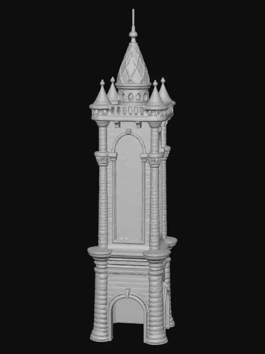 3D model for a stylized brick tower with a stained glass panel near the top