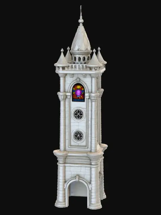 3D model for a stylized brick tower with a stained glass panel near the top