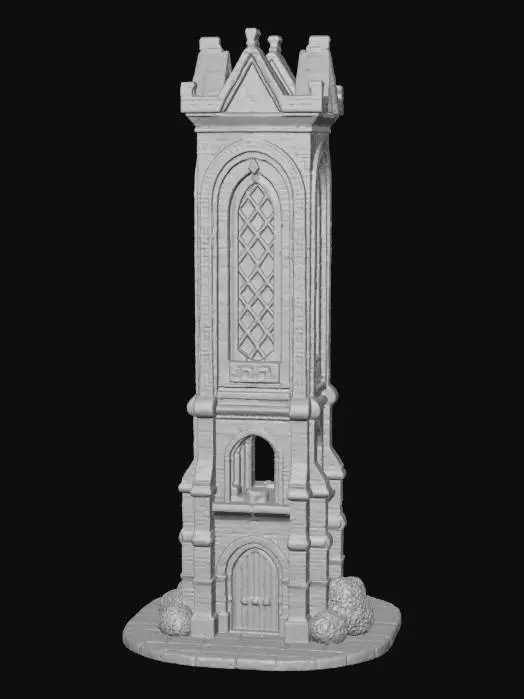 3D model for a stylized brick tower with a stained glass panel near the top