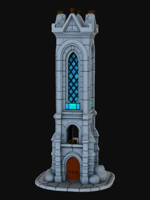 3D model for a stylized brick tower with a stained glass panel near the top