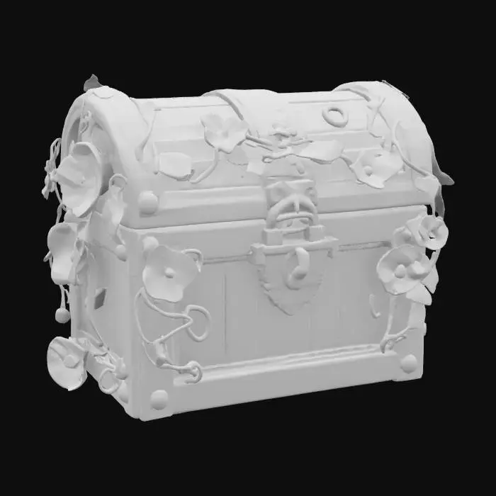 3D model for a beautiful colored, locked intricately designed treasure chest wrapped in elaborate, winding, flowering forest vine design elements