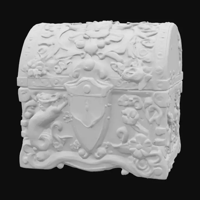 3D model for a beautiful colored, locked, intricately designed treasure chest wrapped in elaborate, winding, flowering forest vine design elements