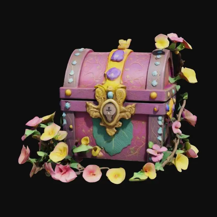 3D model for a beautiful colored, locked, intricately designed treasure chest wrapped in elaborate, winding, flowering forest vine design elements