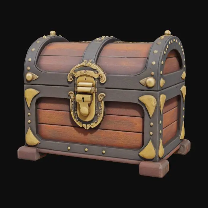 3D model for a sleek, locked, intricately designed treasure chest covered in elaborate geometric design elements