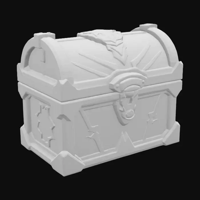 3D model for a sleek, modern, locked, intricately designed treasure chest covered in elaborate geometric design elements