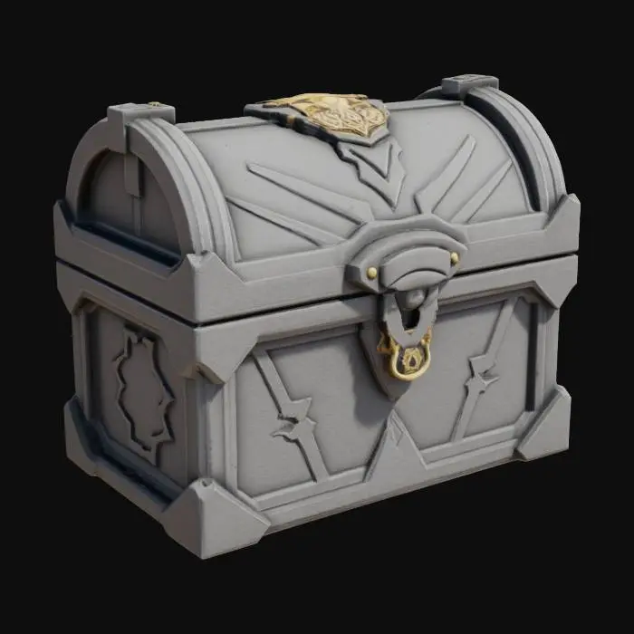 3D model for a sleek, modern, locked, intricately designed treasure chest covered in elaborate geometric design elements