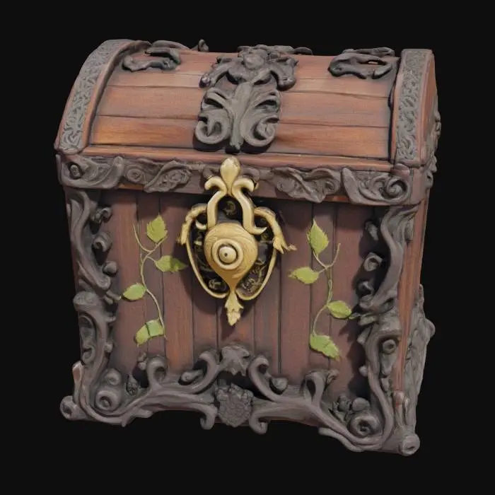 3D model for an elaborate locked chest with intricate vine designs wrapping around the chest