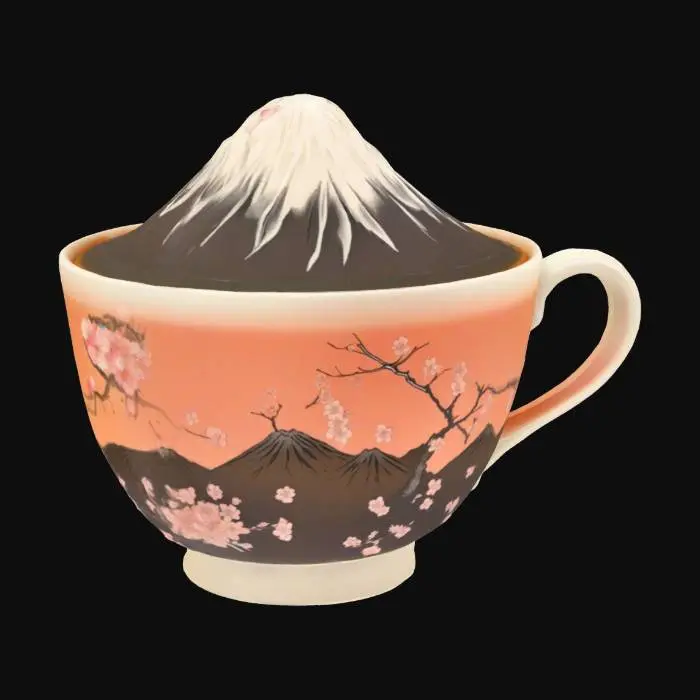 3D model for [Mount Fuji] Mount Fuji as a beautiful cup of tea with intricate cherry blossom details, #AroundTheWorld#
