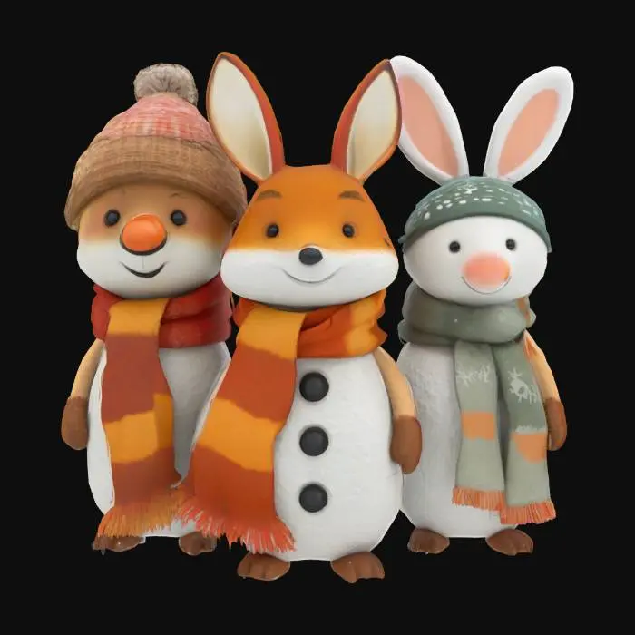3D model for [Scandinavia] woodland animal cartoon characters with snowman-like snow-made bodies and a stylized cartoon woodland animal head, #AroundTheWorld#