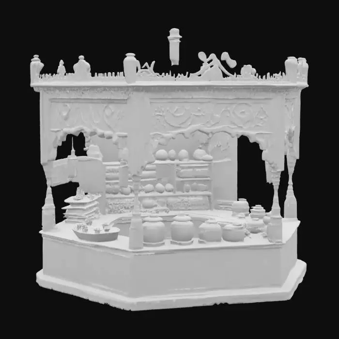 3D model for [Marrakech] a meticulously detailed Marrakech Bazaar vendor booth with bioluminescent textiles and glowing spices, #AroundTheWorld#